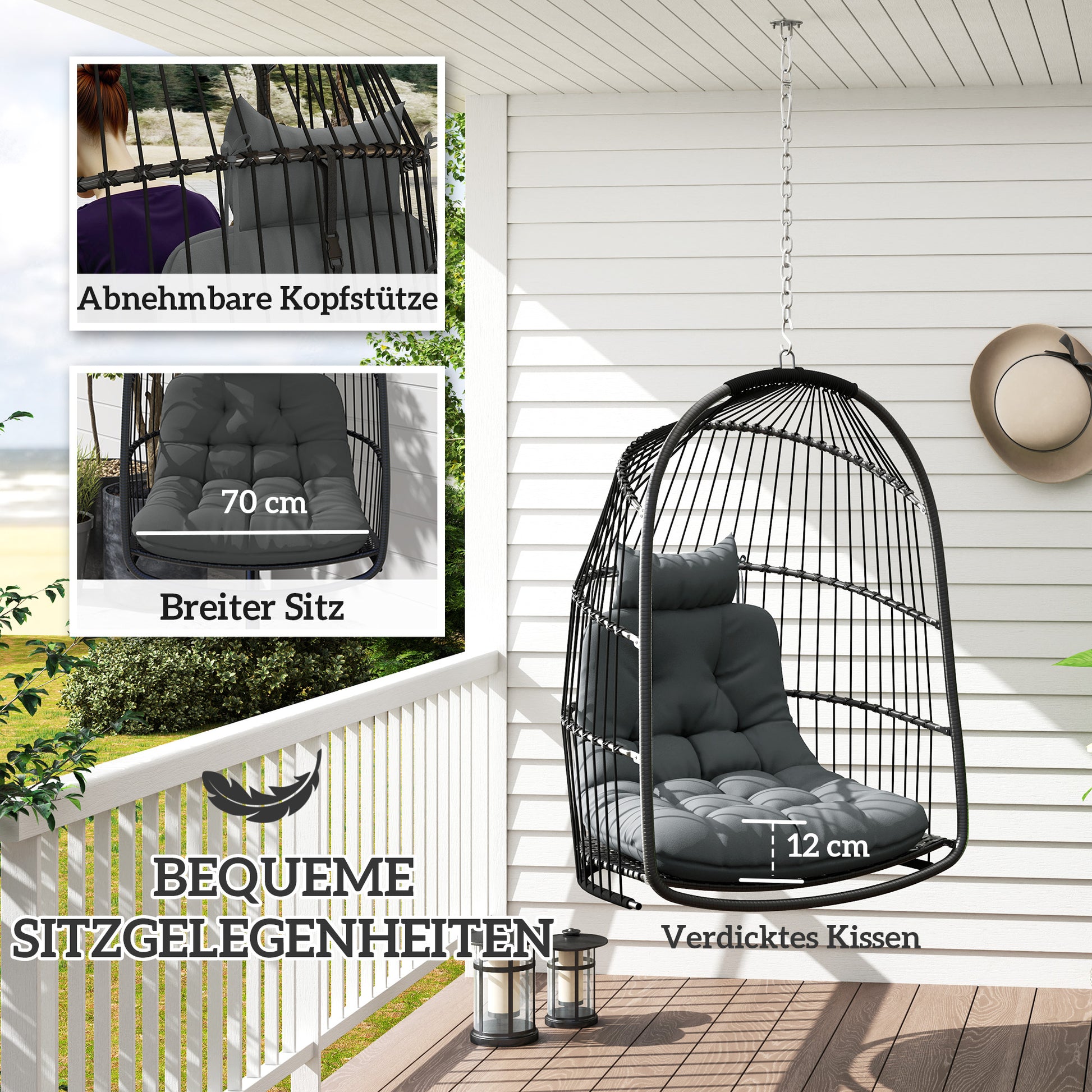 Hanging Chair Hanging Basket with Cushion Poly Rattan Swing Outdoor Indoor Foldable Hanging Chair Loadable up to 150kg Hanging Swing Basket Hanging Chair for Living Room Balcony Terrace Dark Gray
