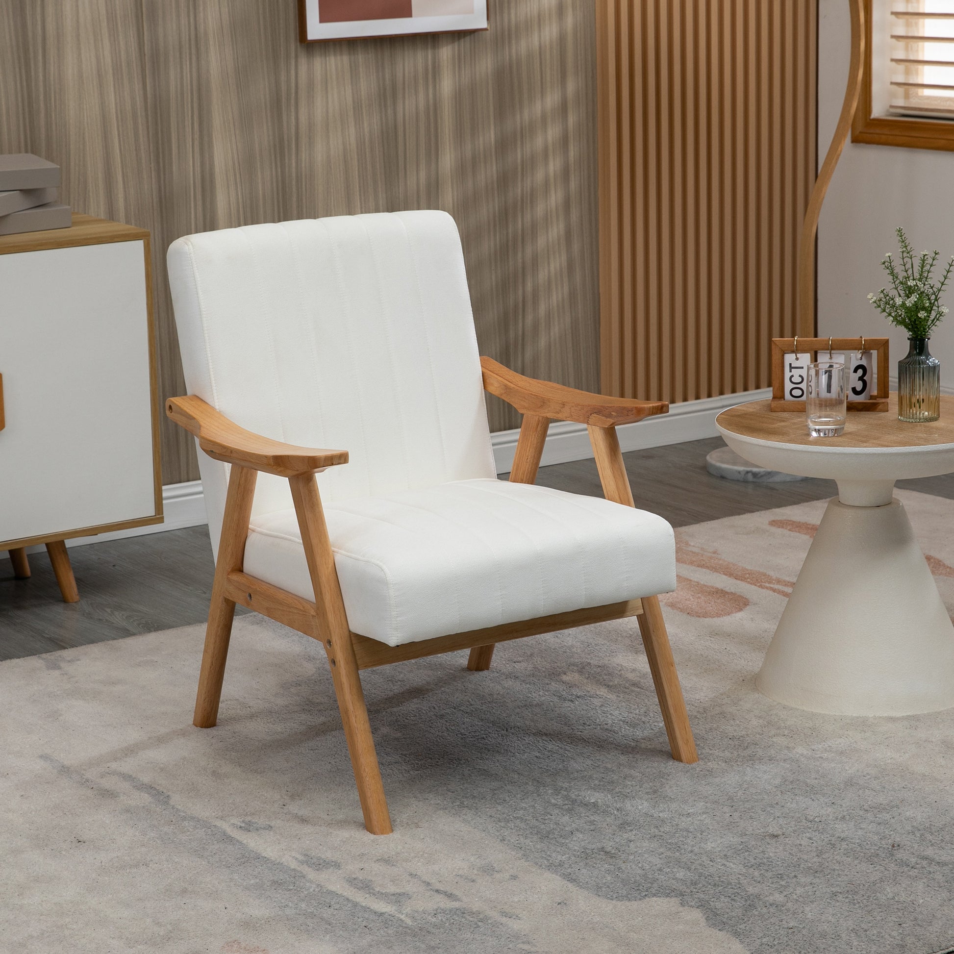 Armchair Living Room Lounge Chair with Rubberwood Legs, Upholstered Chair with Velvet Look, Reading Chair for Bedroom Study Room Cream