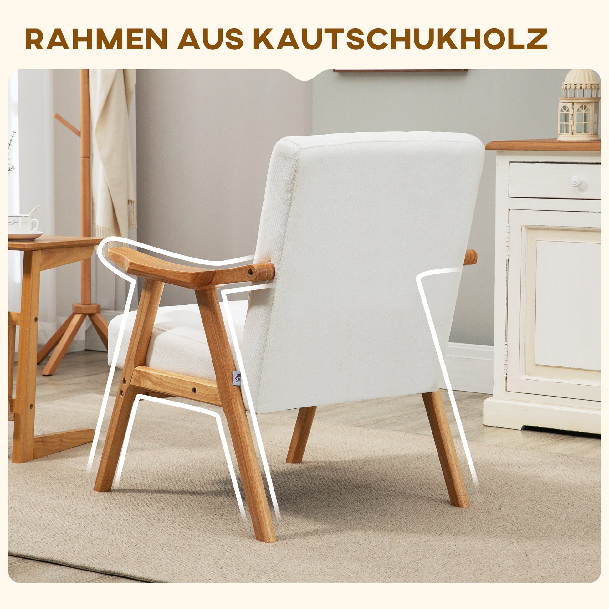 Armchair Living Room Lounge Chair with Rubberwood Legs, Upholstered Chair with Velvet Look, Reading Chair for Bedroom Study Room Cream