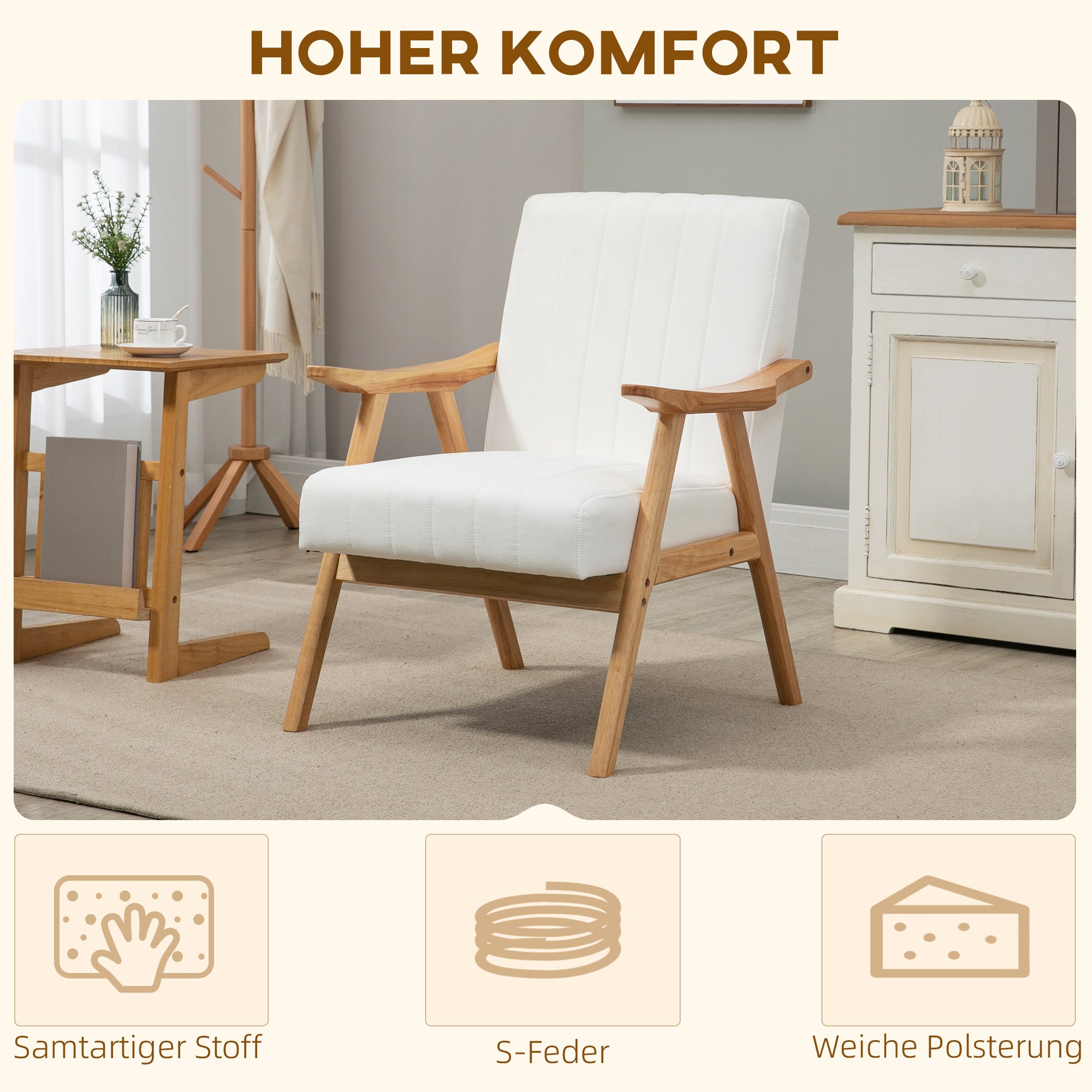 Armchair Living Room Lounge Chair with Rubberwood Legs, Upholstered Chair with Velvet Look, Reading Chair for Bedroom Study Room Cream