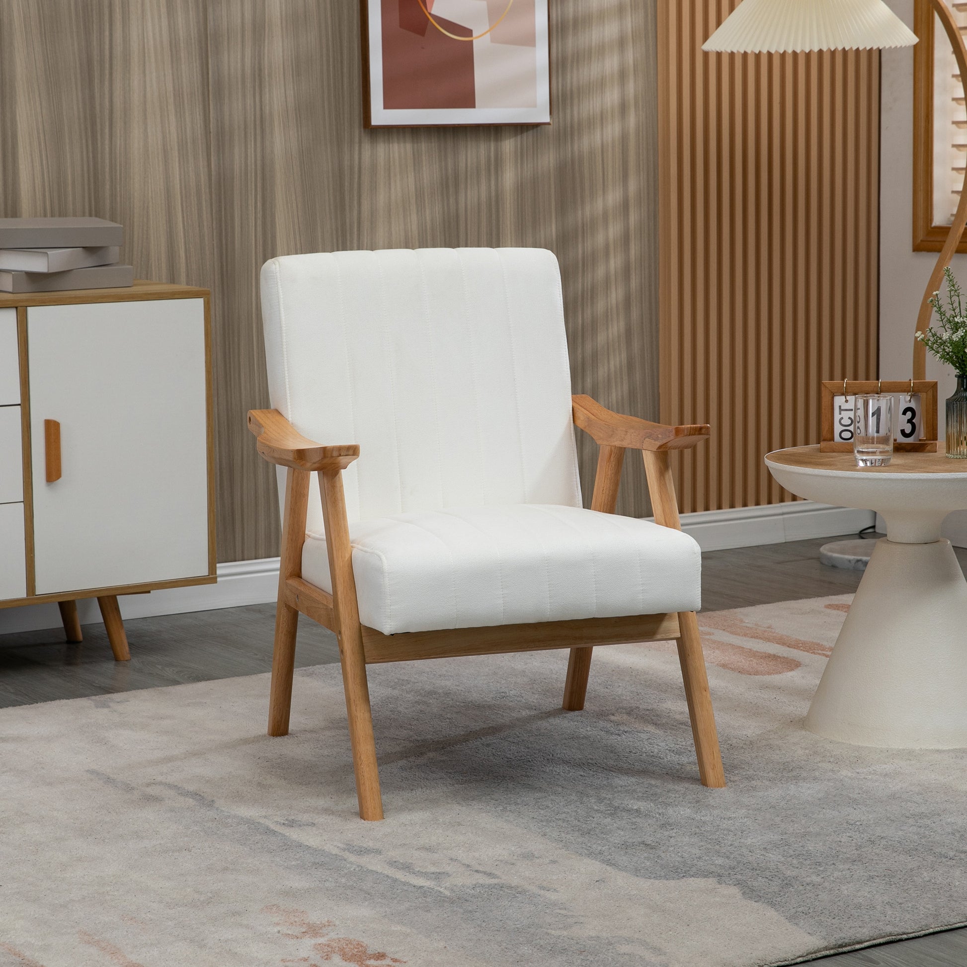Armchair Living Room Lounge Chair with Rubberwood Legs, Upholstered Chair with Velvet Look, Reading Chair for Bedroom Study Room Cream
