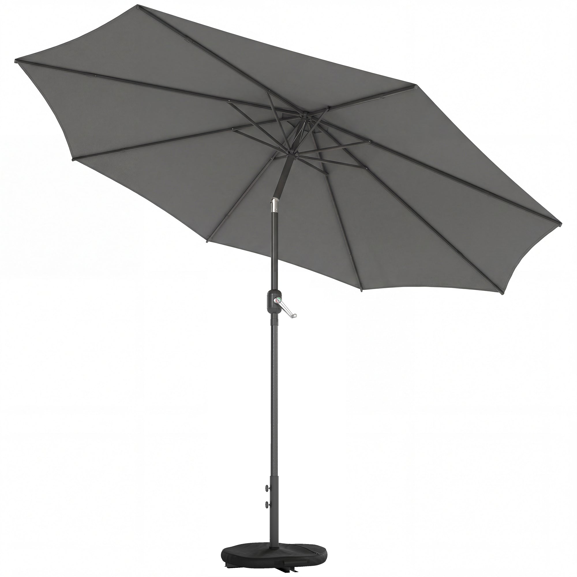 Outdoor Patio Umbrella, 10 ft x 10 ft (3 x 3 m) — Crank, Adjustable Tilt, Retractable Ribs, Metal Base & Sandbag, Dark Gray