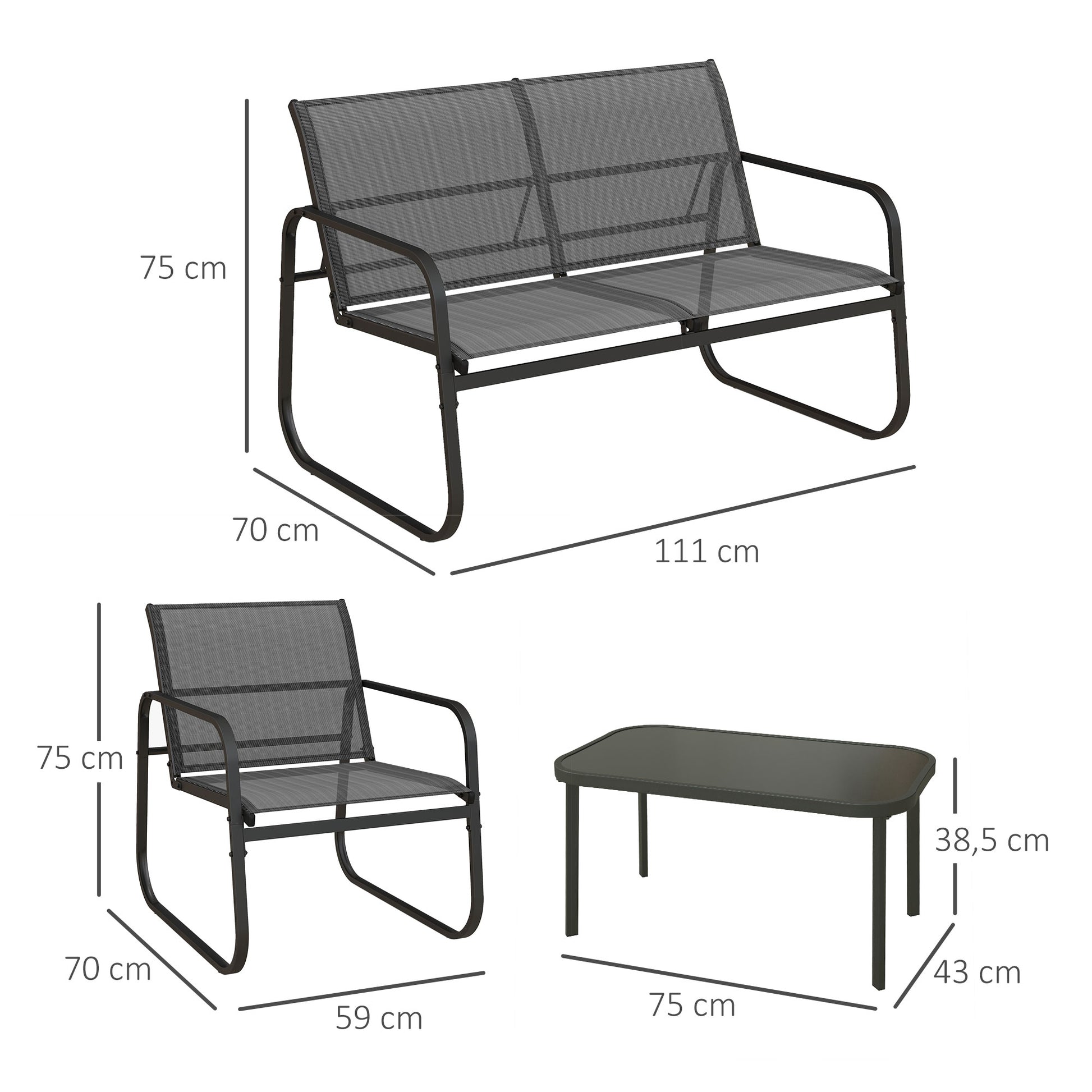 Garden Furniture Set 4 pcs, Garden Set with 1 Two-Seater, 2 Chairs, 1 Coffee Table, Seating Set, Balcony Furniture Set for Patio, Mesh, Black