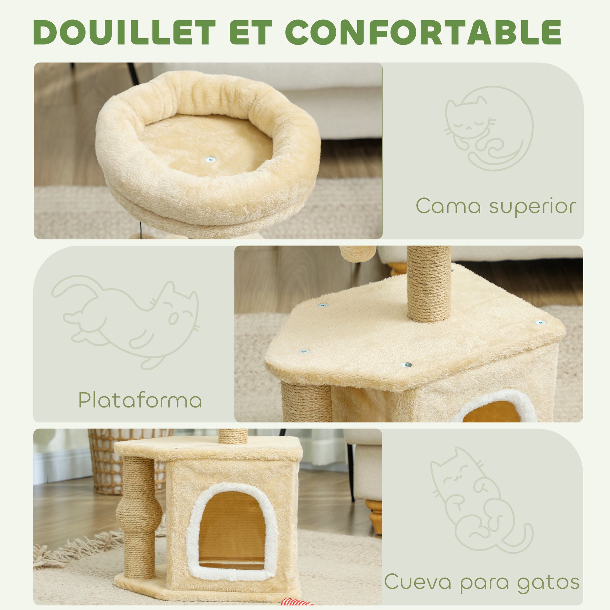 Cat Scratcher Height 66 cm Cat Tree Climbing Tower with Bed Cave Platform Hanging Ball and Jute Post Beige