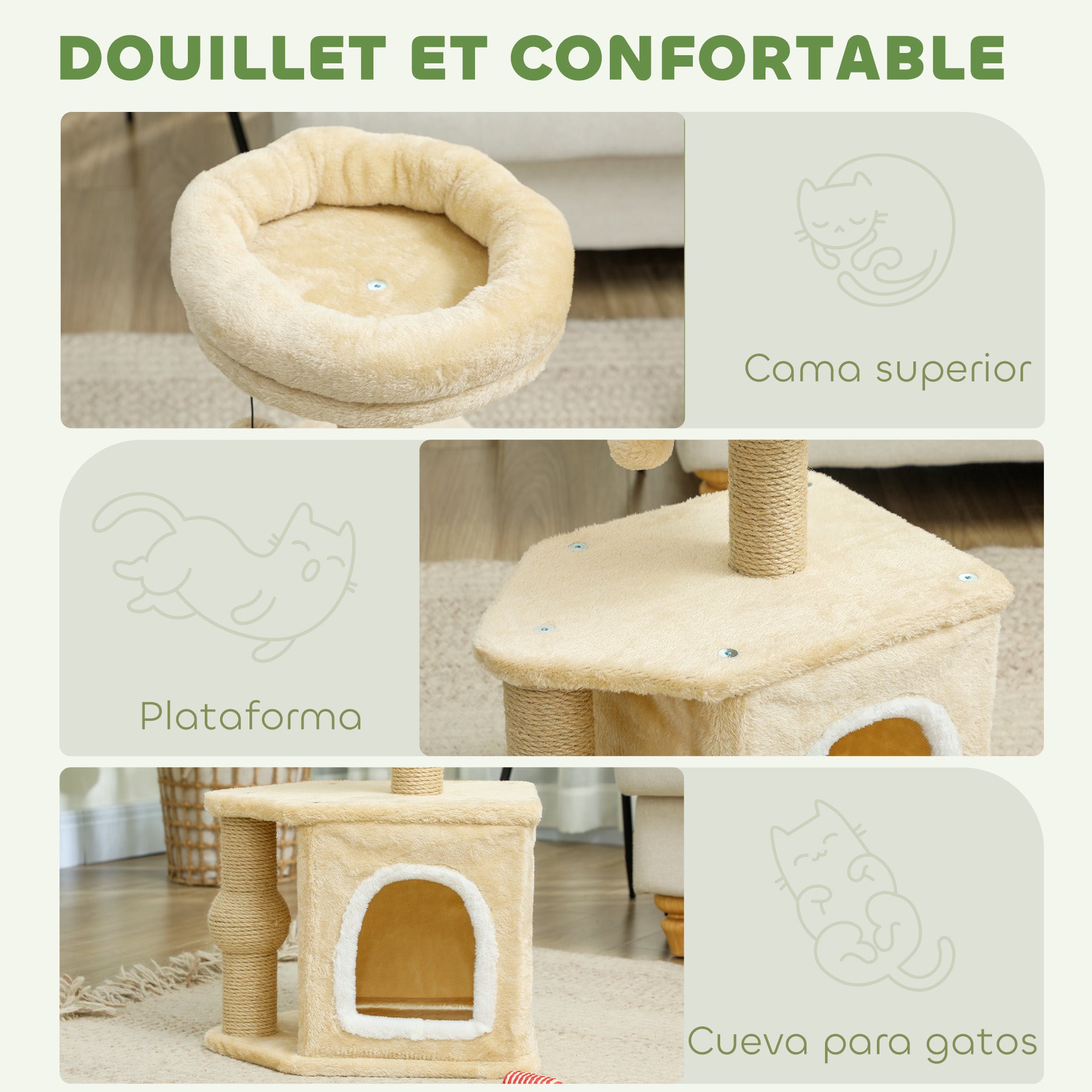 Cat Scratcher Height 66 cm Cat Tree Climbing Tower with Bed Cave Platform Hanging Ball and Jute Post Beige