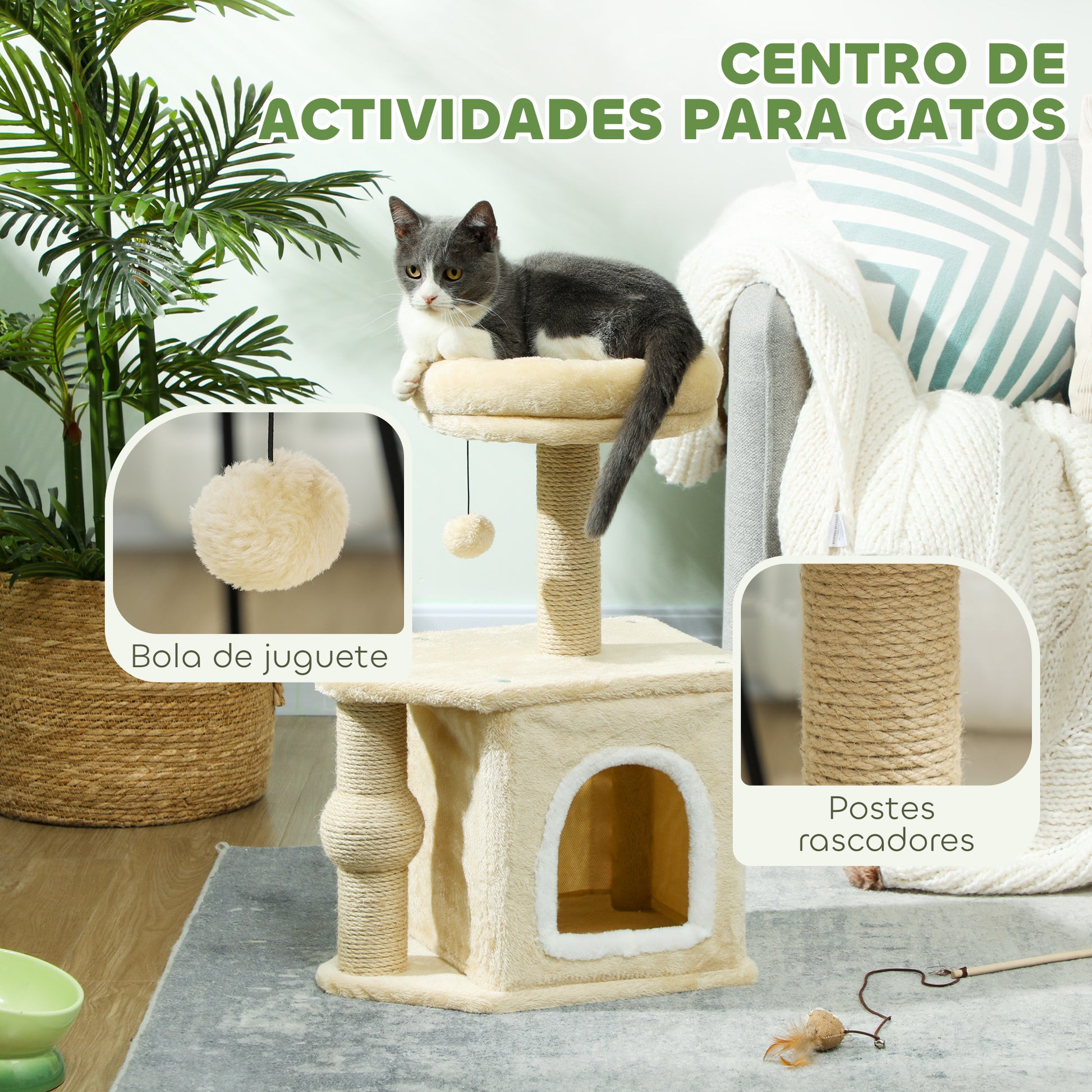 Cat Scratcher Height 66 cm Cat Tree Climbing Tower with Bed Cave Platform Hanging Ball and Jute Post Beige
