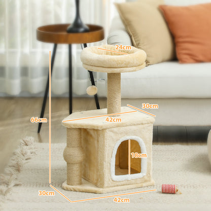 Cat Scratcher Height 66 cm Cat Tree Climbing Tower with Bed Cave Platform Hanging Ball and Jute Post Beige