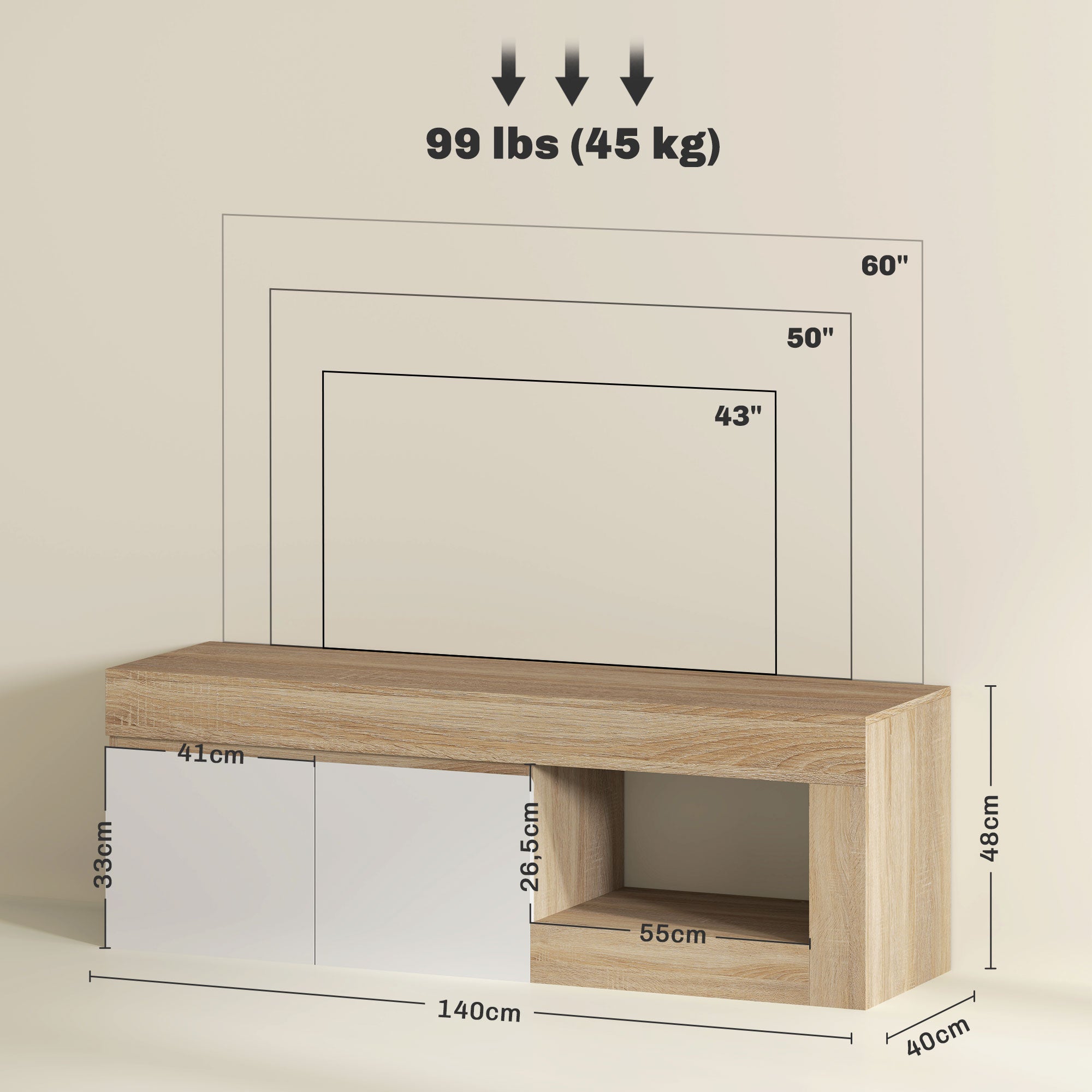 TV Furniture TV Stand for TVs up to 60 Inches with 2-Door Cabinet and Open Shelf for Living Room Bedroom, 140 x 40 x 48 cm, Natural Wood Effect