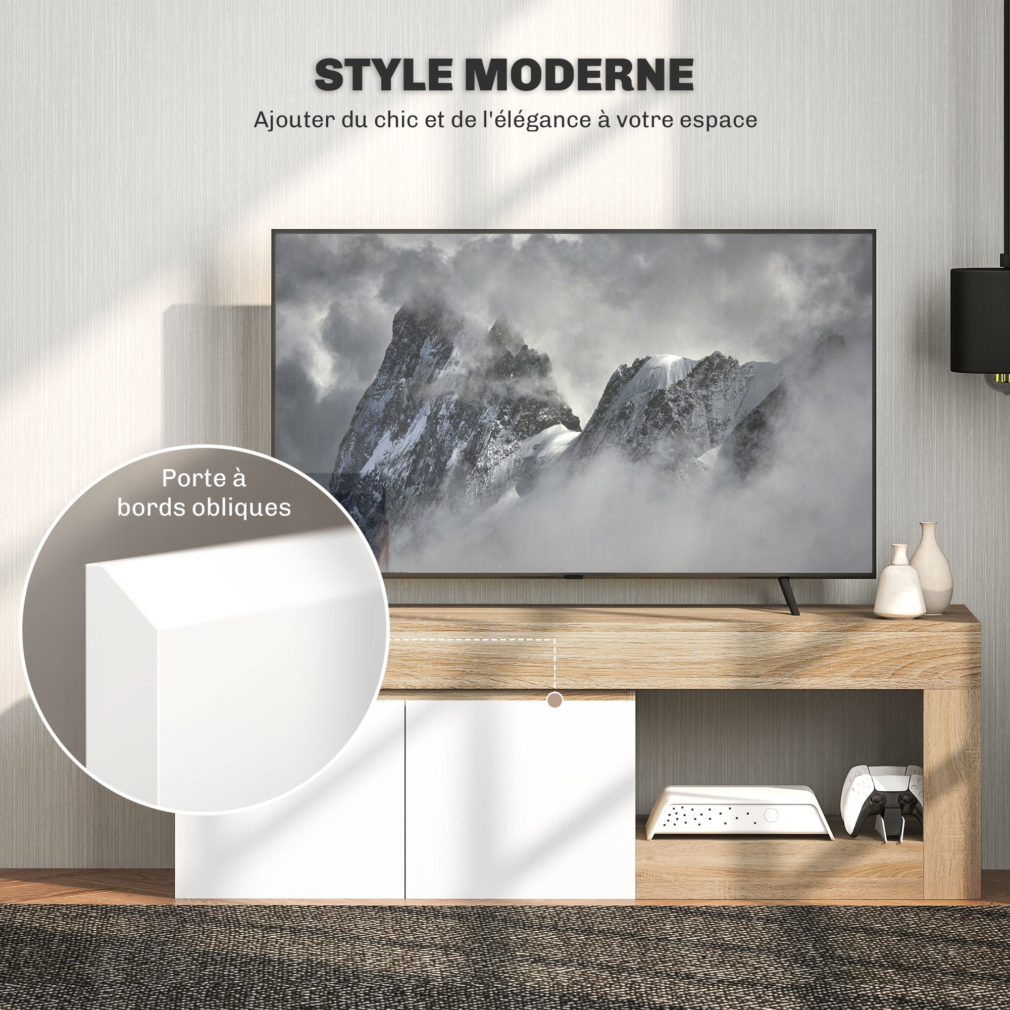 TV Furniture TV Stand for TVs up to 60 Inches with 2-Door Cabinet and Open Shelf for Living Room Bedroom, 140 x 40 x 48 cm, Natural Wood Effect
