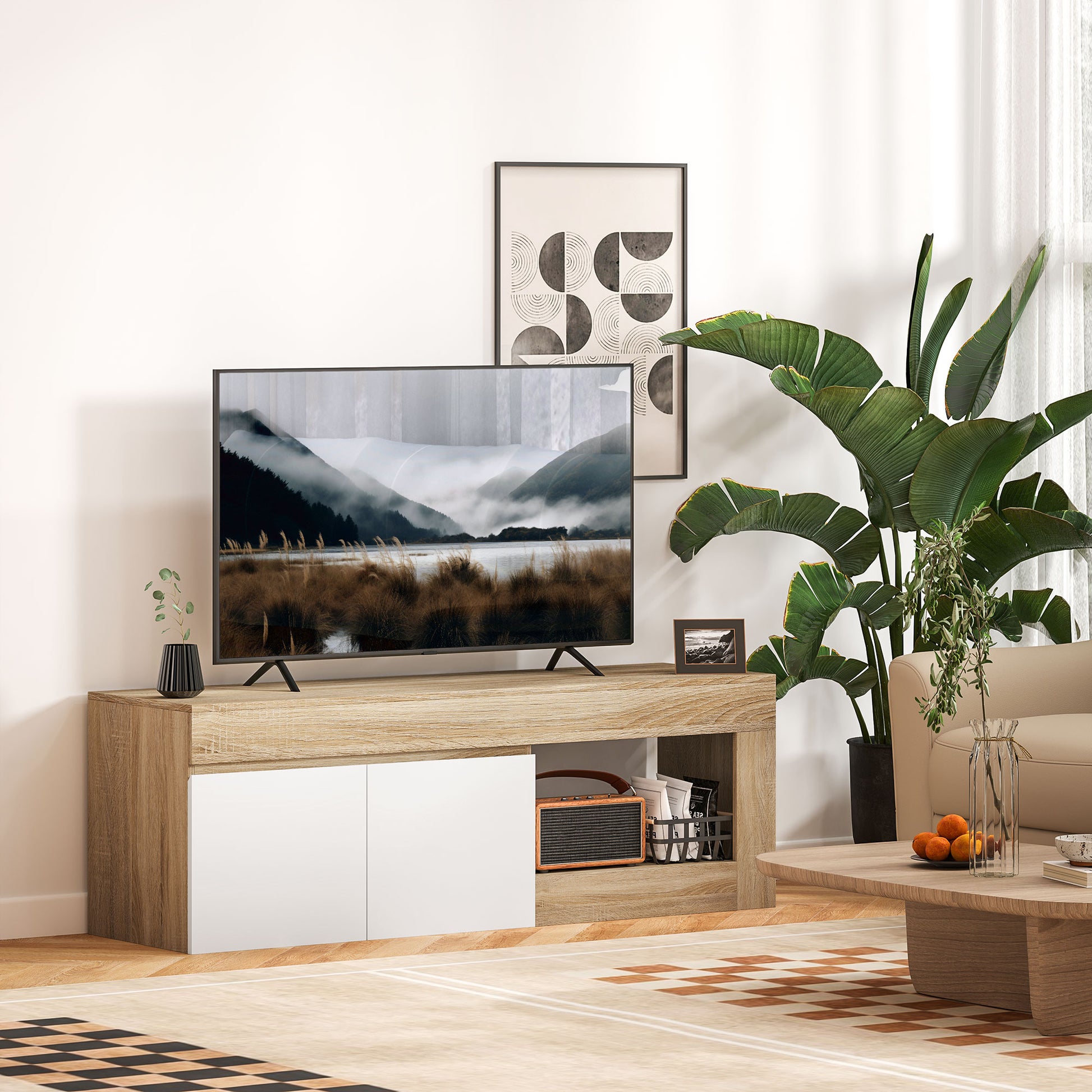TV Furniture TV Stand for TVs up to 60 Inches with 2-Door Cabinet and Open Shelf for Living Room Bedroom, 140 x 40 x 48 cm, Natural Wood Effect