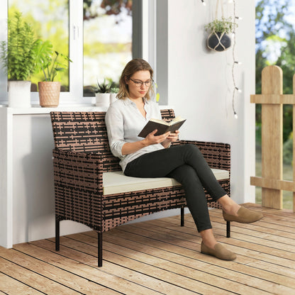 2‑Seater Rattan Garden Sofa with Cushions — Weather‑Resistant Outdoor Couch for Patio, Balcony, Khaki