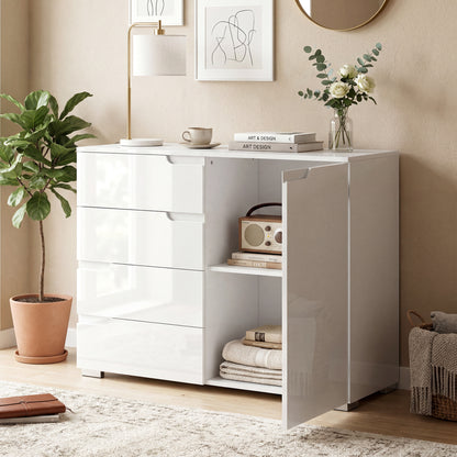 High-Gloss Sideboard — Modern Buffet Cabinet with 4 Drawers & Adjustable Shelf, Soft-Close, White