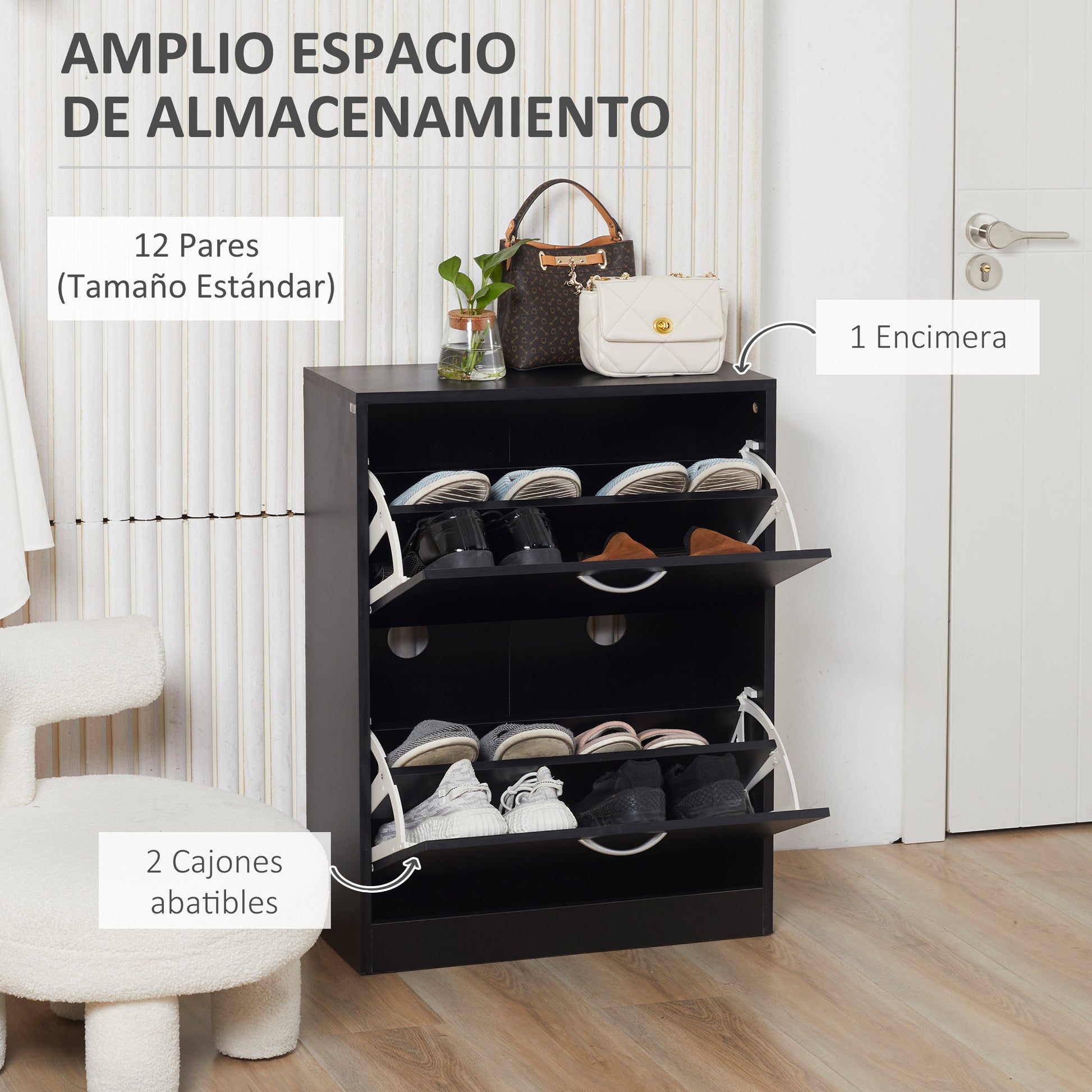 Modern Shoe Cabinet for Entryway Narrow Hallway with 2 Drawers and Adjustable Shelves 60x24x80 cm Black