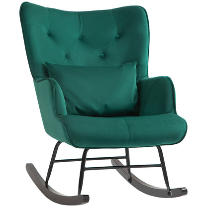 Velvet Rocking Chair with High Backrest, Rocking Chair with Cushion and Armrests for Living Room and Bedroom, Green