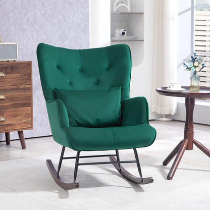 Velvet Rocking Chair with High Backrest, Rocking Chair with Cushion and Armrests for Living Room and Bedroom, Green