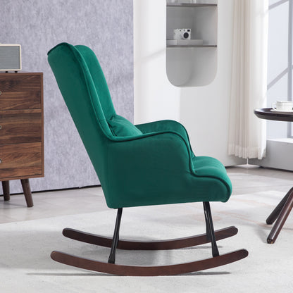 Velvet Rocking Chair with High Backrest, Rocking Chair with Cushion and Armrests for Living Room and Bedroom, Green