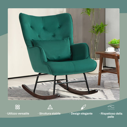 Velvet Rocking Chair with High Backrest, Rocking Chair with Cushion and Armrests for Living Room and Bedroom, Green