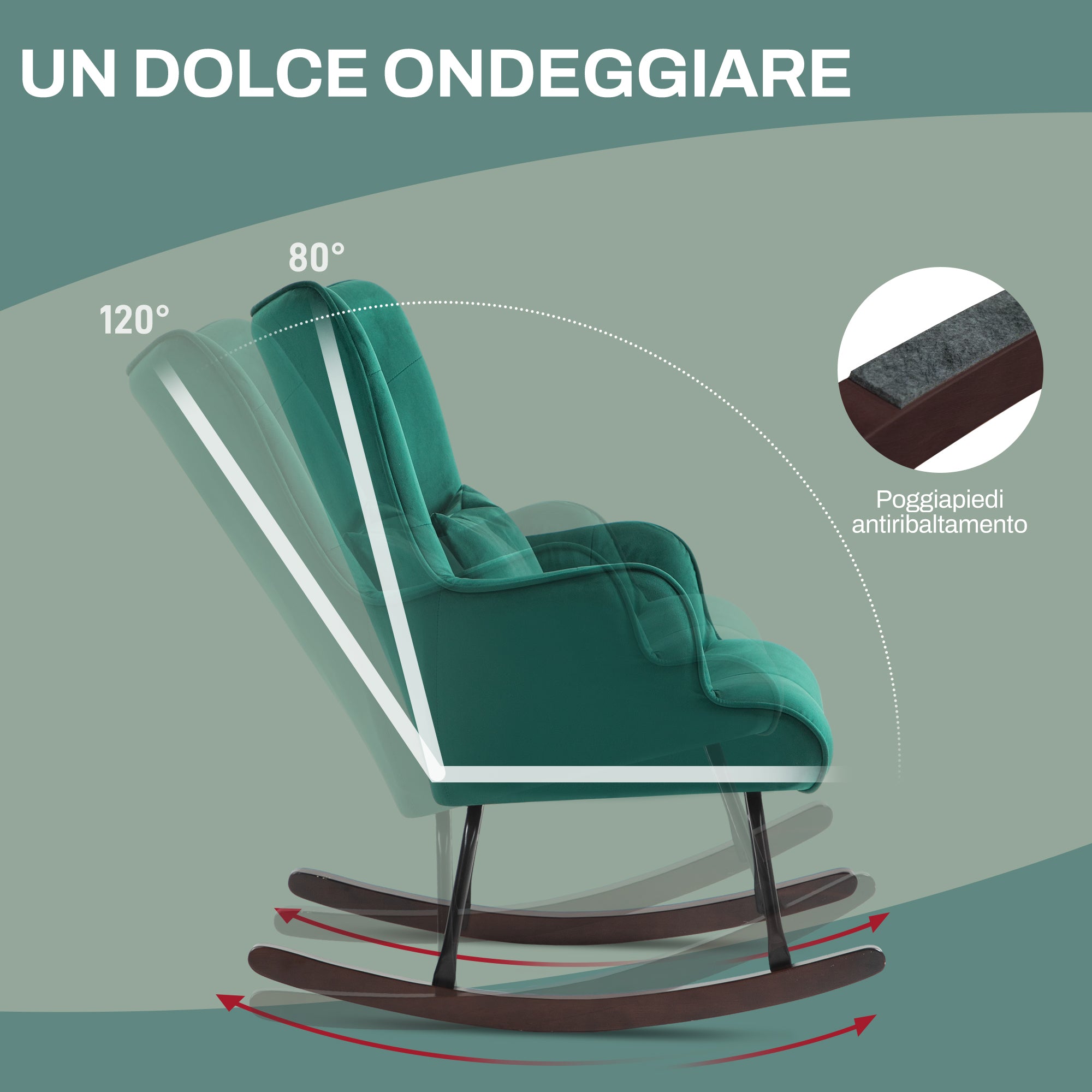 Velvet Rocking Chair with High Backrest, Rocking Chair with Cushion and Armrests for Living Room and Bedroom, Green