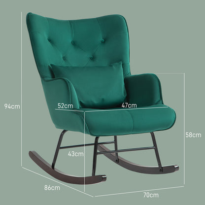 Velvet Rocking Chair with High Backrest, Rocking Chair with Cushion and Armrests for Living Room and Bedroom, Green