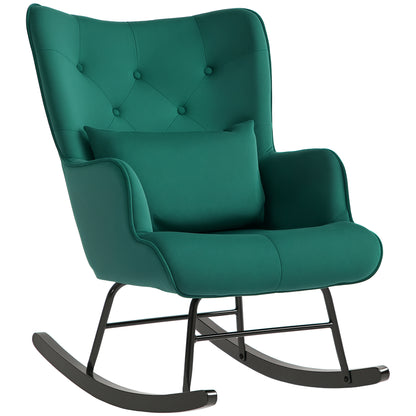 Velvet Rocking Chair with High Backrest, Rocking Chair with Cushion and Armrests for Living Room and Bedroom, Green