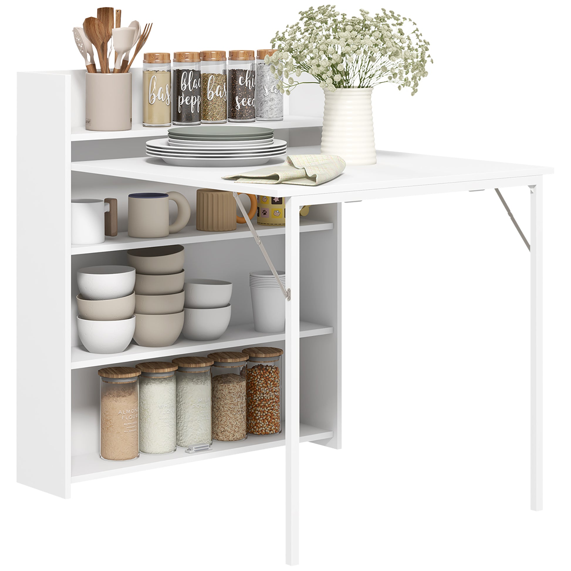 Folding Dining Table Kitchen Table for 3 Persons with 4-Tier Shelves, Modern Folding Dining Table for Small Spaces, Kitchen, 80 x 90 x 93 cm, White
