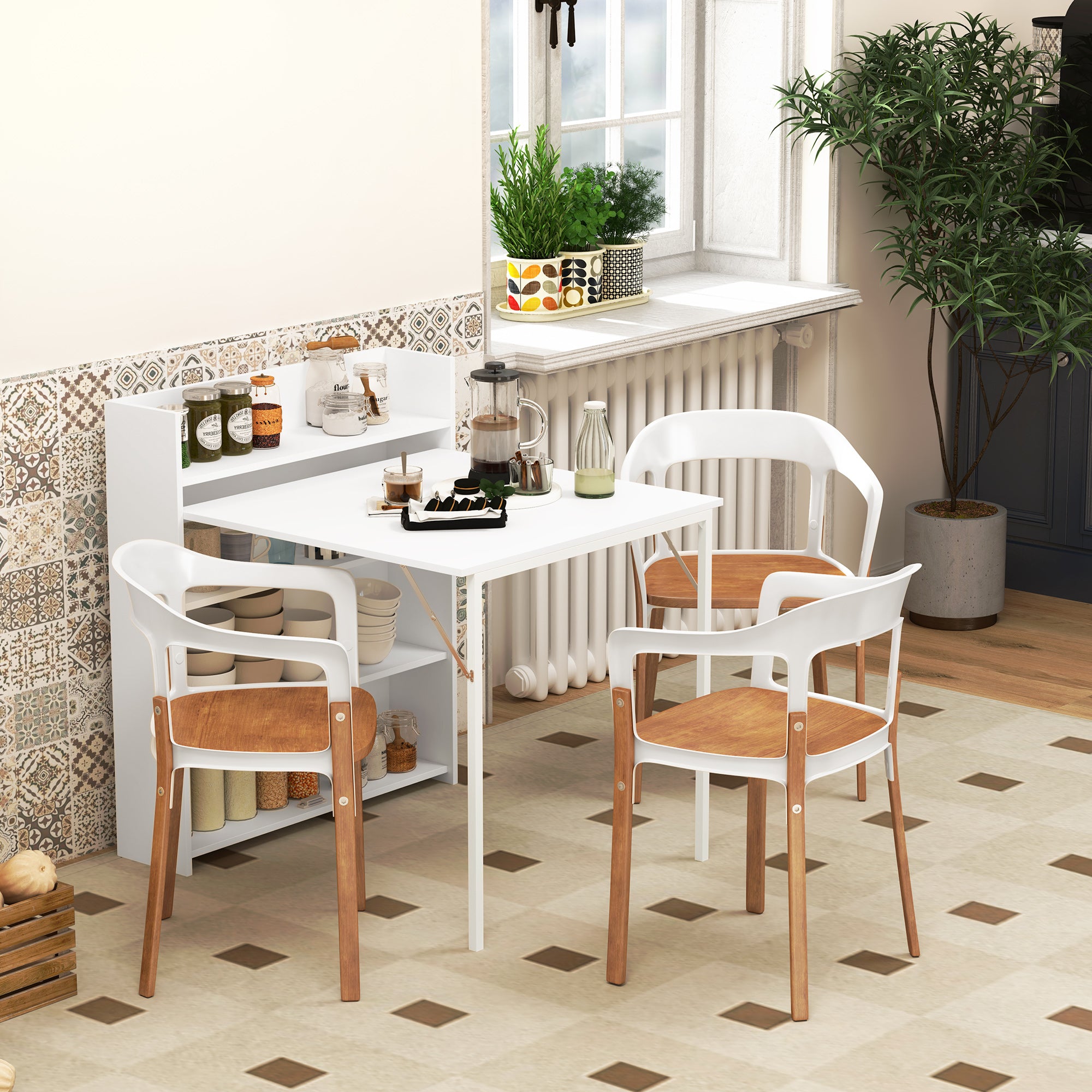 Folding Dining Table Kitchen Table for 3 Persons with 4-Tier Shelves, Modern Folding Dining Table for Small Spaces, Kitchen, 80 x 90 x 93 cm, White