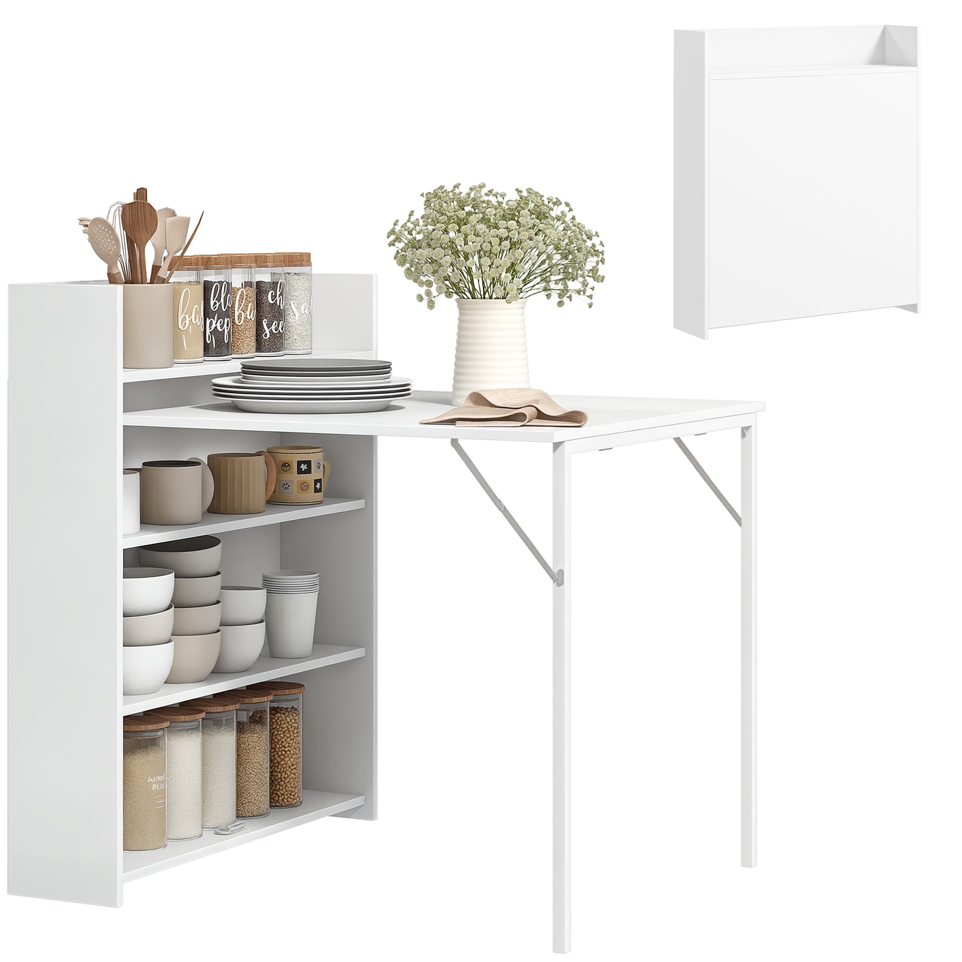 Folding Dining Table Kitchen Table for 3 Persons with 4-Tier Shelves, Modern Folding Dining Table for Small Spaces, Kitchen, 80 x 90 x 93 cm, White