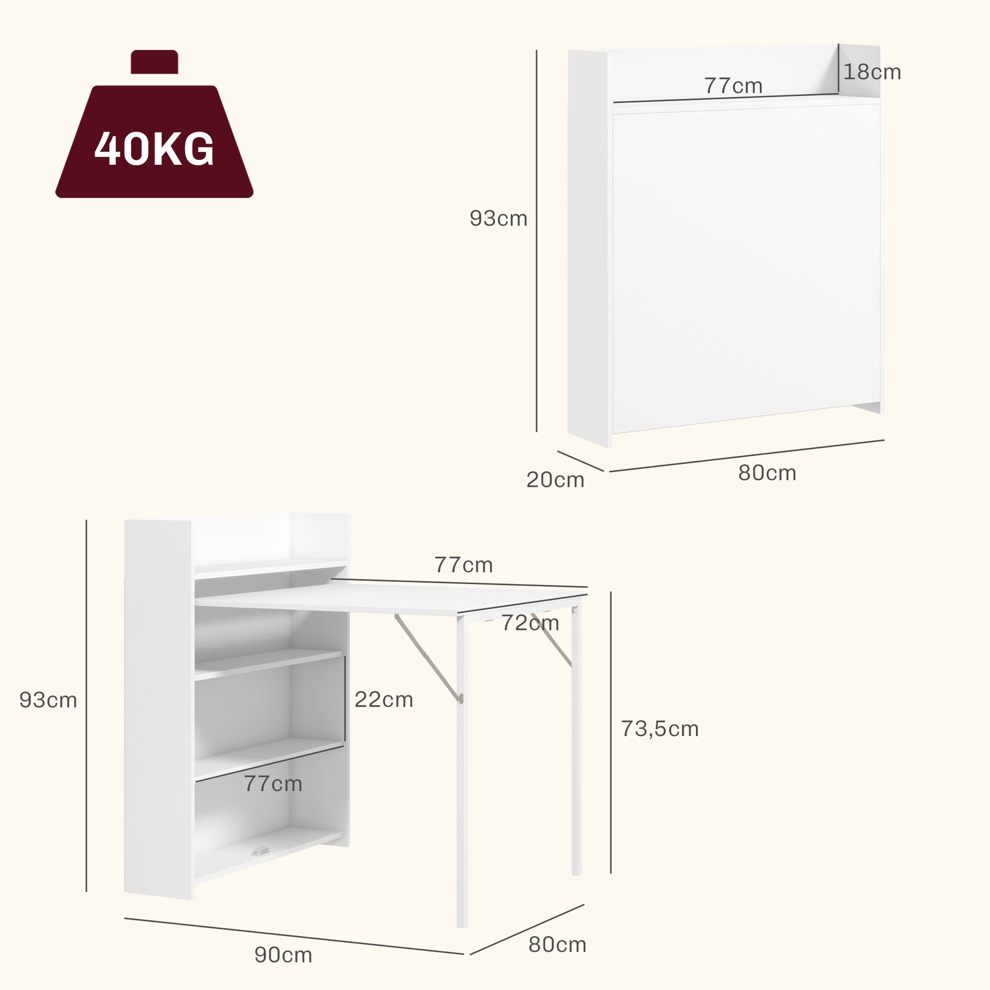 Folding Dining Table Kitchen Table for 3 Persons with 4-Tier Shelves, Modern Folding Dining Table for Small Spaces, Kitchen, 80 x 90 x 93 cm, White