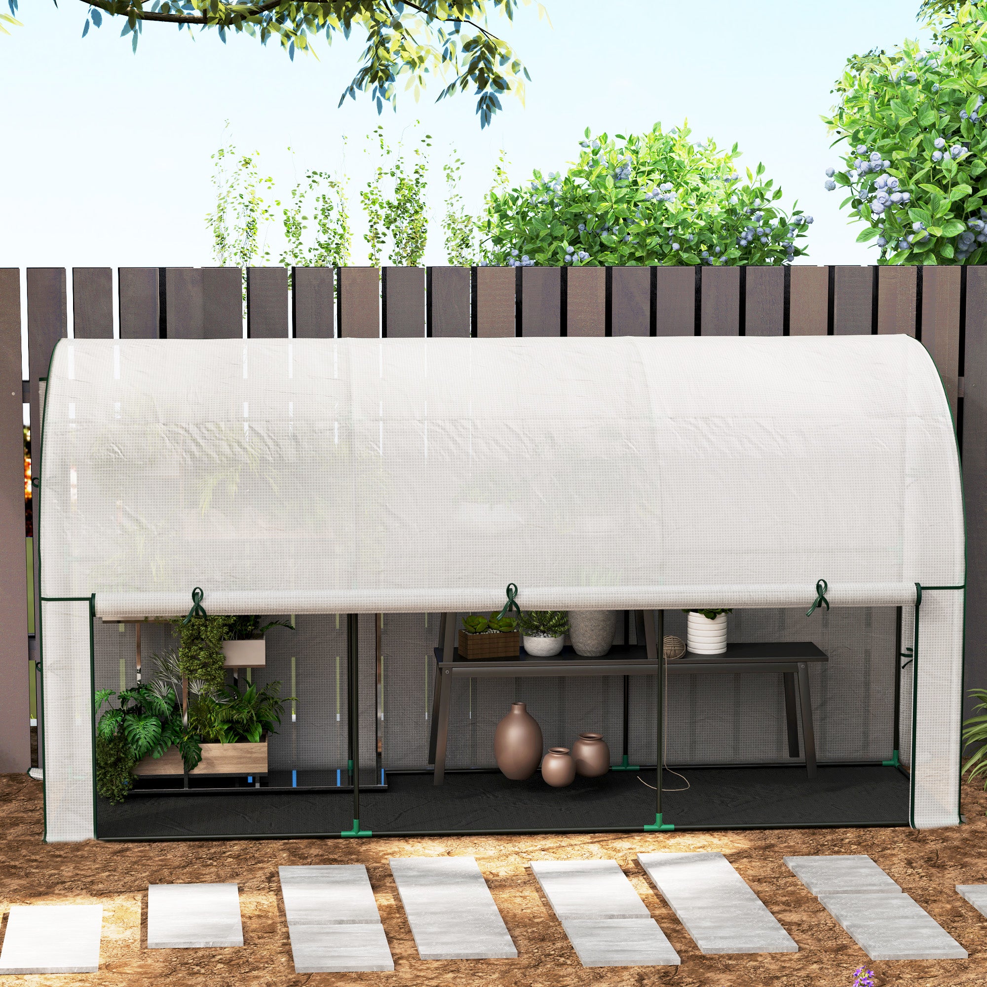 Greenhouse with Roll Door, Winterproof Steel Frame Greenhouse for Balcony, Garden, Tomato House with UV Protection 300x80x157cm Tomato Greenhouse for Vegetables Flowers Plants White