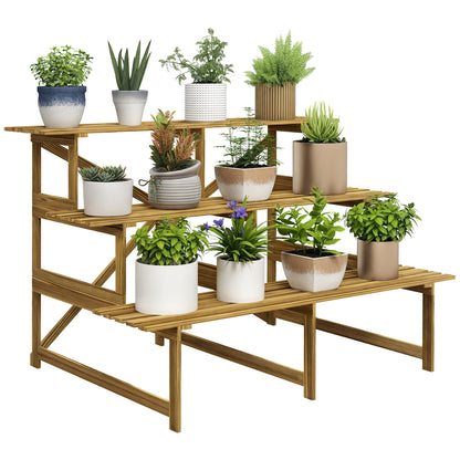 3-Tier Plant Stand, Foldable 78 cm High Flower Stand for Indoor Outdoor, Wooden Plant Shelf, Flower Stand with Trays, Flower Staircase for Living Room, Garden Balcony, Natural Wood