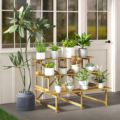 3-Tier Plant Stand, Foldable 78 cm High Flower Stand for Indoor Outdoor, Wooden Plant Shelf, Flower Stand with Trays, Flower Staircase for Living Room, Garden Balcony, Natural Wood