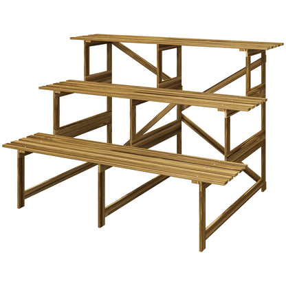 3-Tier Plant Stand, Foldable 78 cm High Flower Stand for Indoor Outdoor, Wooden Plant Shelf, Flower Stand with Trays, Flower Staircase for Living Room, Garden Balcony, Natural Wood