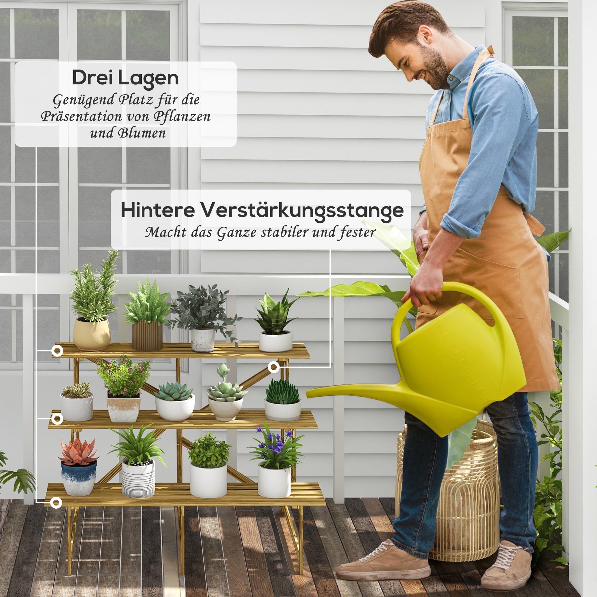3-Tier Plant Stand, Foldable 78 cm High Flower Stand for Indoor Outdoor, Wooden Plant Shelf, Flower Stand with Trays, Flower Staircase for Living Room, Garden Balcony, Natural Wood