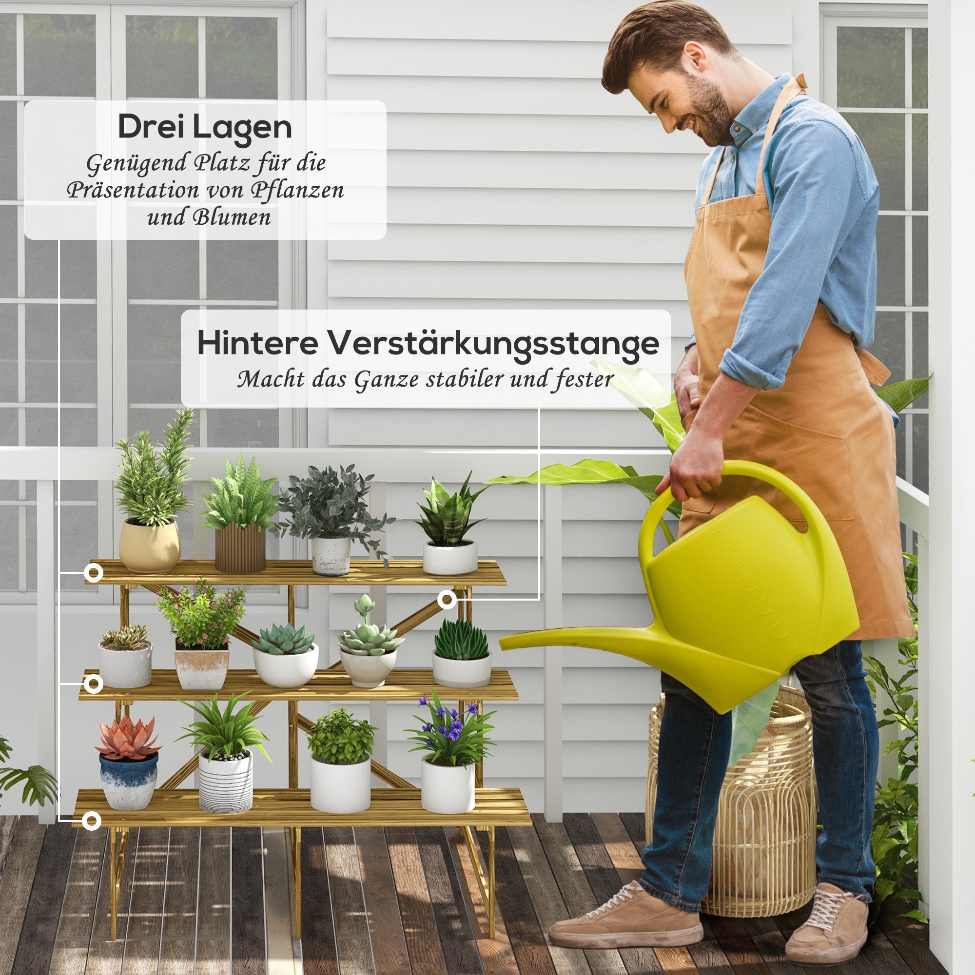 3-Tier Plant Stand, Foldable 78 cm High Flower Stand for Indoor Outdoor, Wooden Plant Shelf, Flower Stand with Trays, Flower Staircase for Living Room, Garden Balcony, Natural Wood