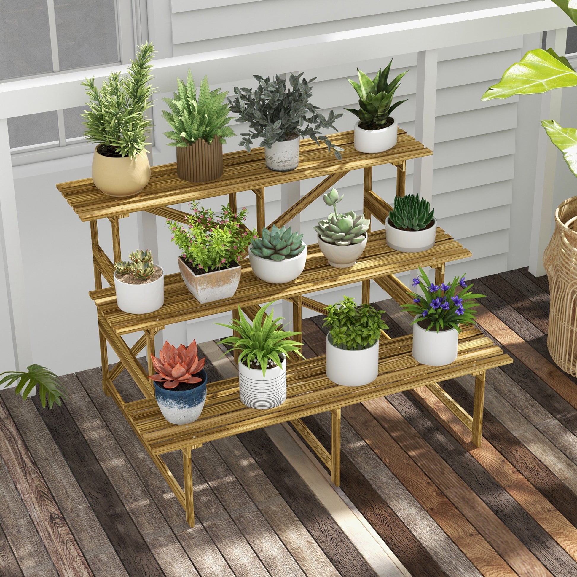 3-Tier Plant Stand, Foldable 78 cm High Flower Stand for Indoor Outdoor, Wooden Plant Shelf, Flower Stand with Trays, Flower Staircase for Living Room, Garden Balcony, Natural Wood