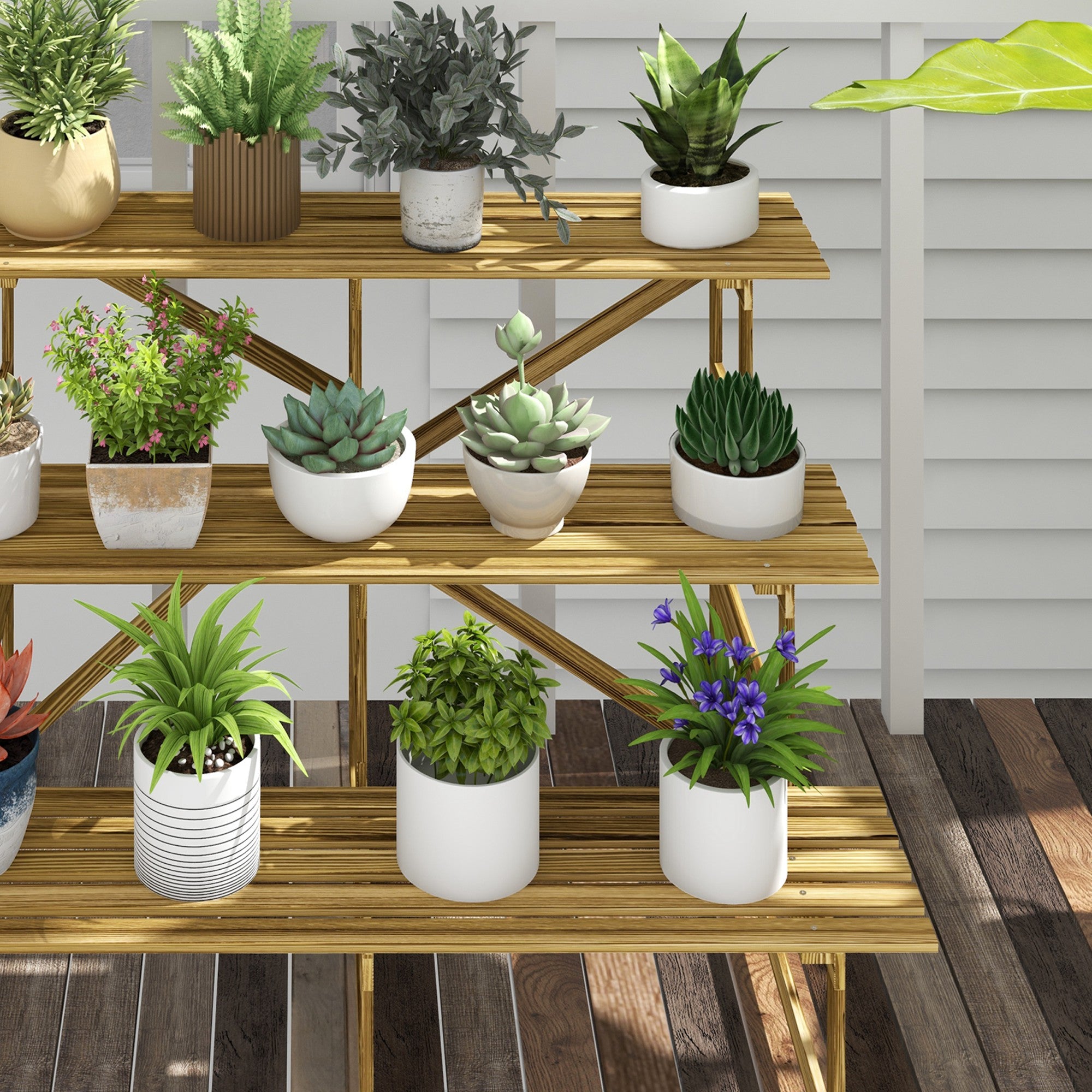 3-Tier Plant Stand, Foldable 78 cm High Flower Stand for Indoor Outdoor, Wooden Plant Shelf, Flower Stand with Trays, Flower Staircase for Living Room, Garden Balcony, Natural Wood