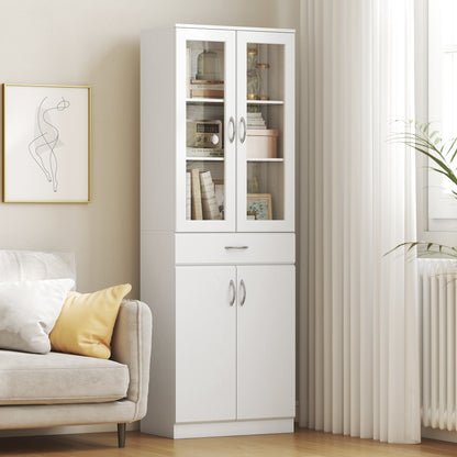 Tall Kitchen Pantry Cabinet with Glass Doors, Drawer & Adjustable Shelves, White, 23.6 x 13.8 x 70.9 in