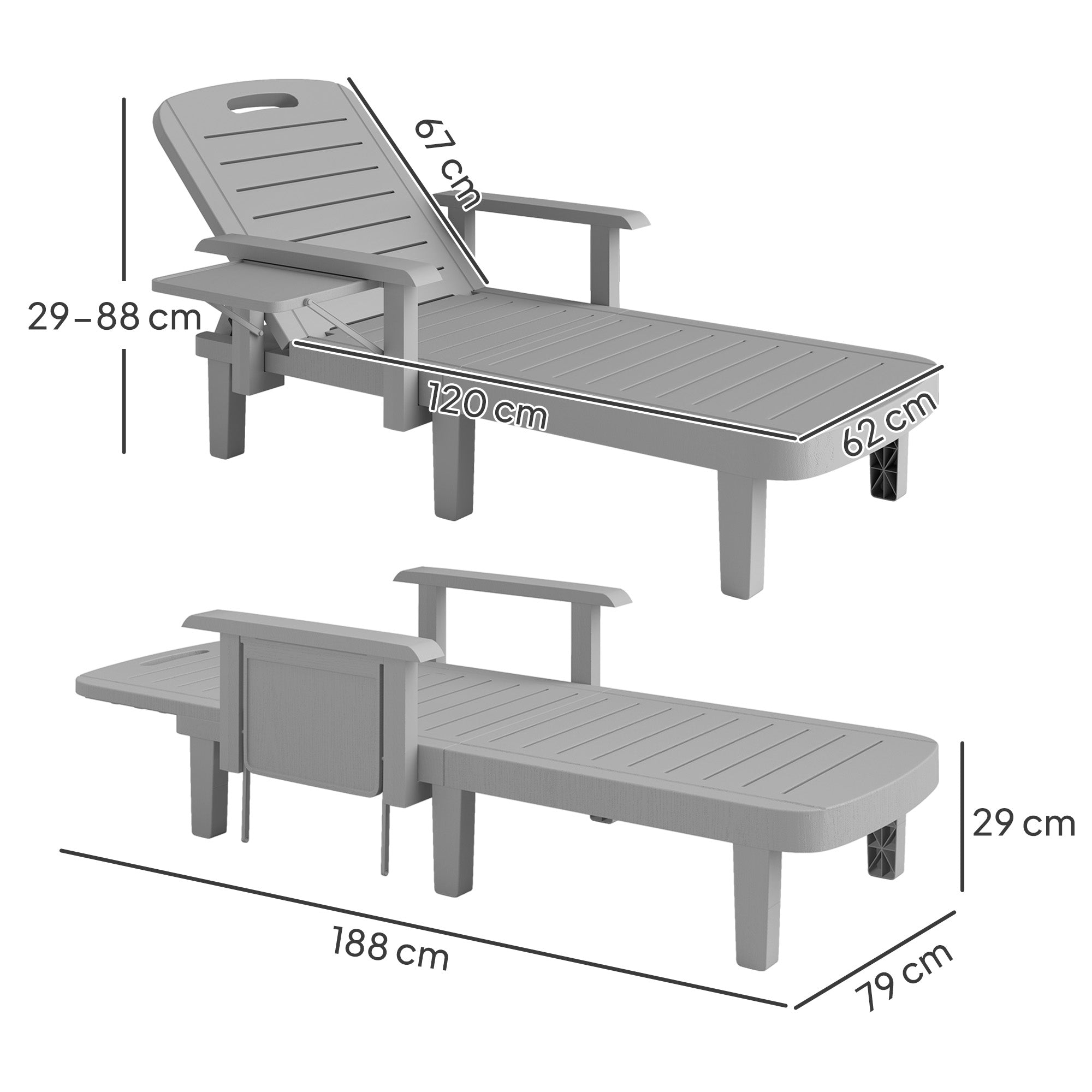 2-Piece Adjustable Backrest Sun Lounger Set with Side Table and Ergonomic Armrests, Waterproof Garden Sun Lounger in Polypropylene, 79x158x88 cm, Light Gray