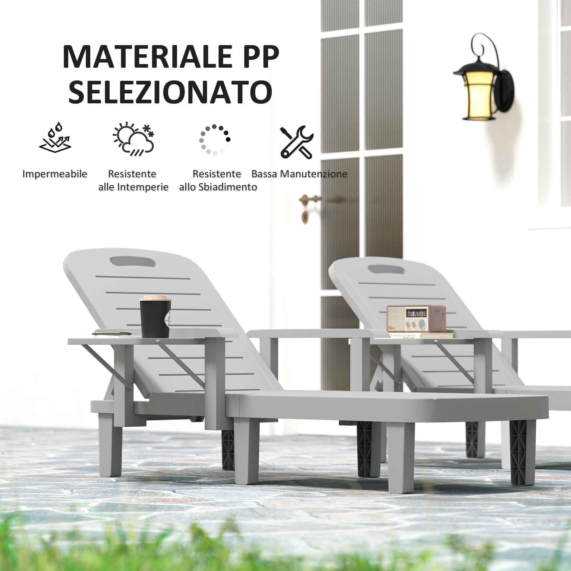 2-Piece Adjustable Backrest Sun Lounger Set with Side Table and Ergonomic Armrests, Waterproof Garden Sun Lounger in Polypropylene, 79x158x88 cm, Light Gray