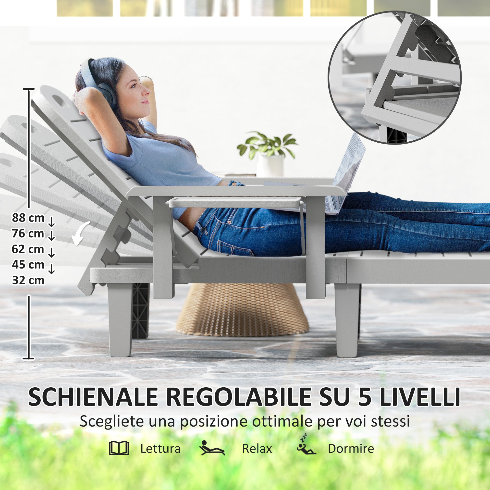 2-Piece Adjustable Backrest Sun Lounger Set with Side Table and Ergonomic Armrests, Waterproof Garden Sun Lounger in Polypropylene, 79x158x88 cm, Light Gray