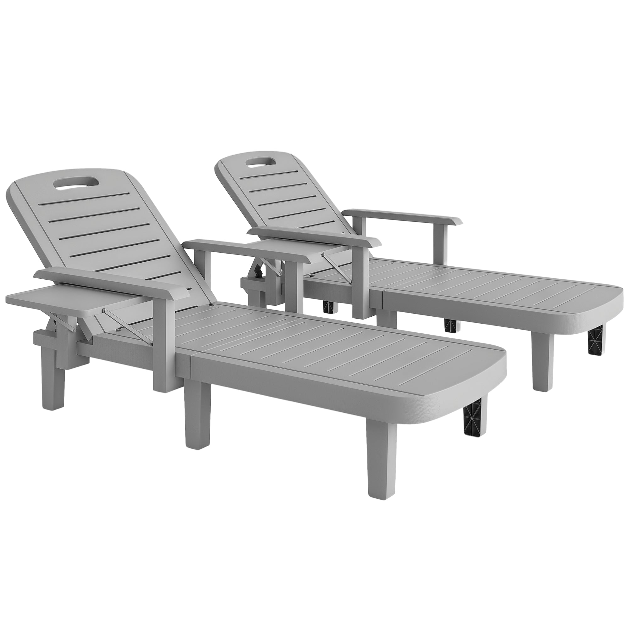 2-Piece Adjustable Backrest Sun Lounger Set with Side Table and Ergonomic Armrests, Waterproof Garden Sun Lounger in Polypropylene, 79x158x88 cm, Light Gray