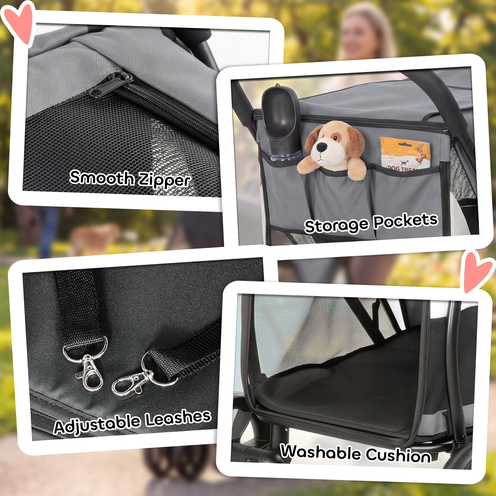 Foldable Dog Stroller / Pet Buggy for Dogs & Cats — Up to 44 lb (20 kg), Washable Cushion, Mesh Windows, 3 Wheels, Door, Rear Pocket, Gray
