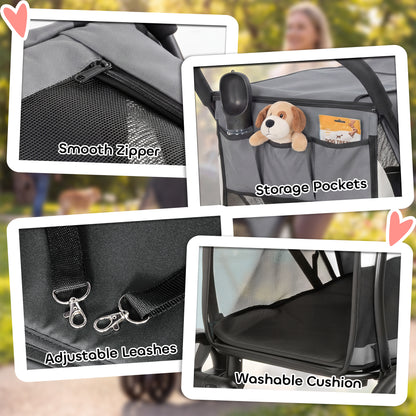 Foldable Dog Stroller / Pet Buggy for Dogs & Cats — Up to 44 lb (20 kg), Washable Cushion, Mesh Windows, 3 Wheels, Door, Rear Pocket, Gray