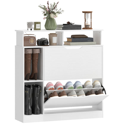 Narrow Shoe Cabinet with 2 Flip Drawers, Open Compartments & Adjustable Shelf, for Hallway & Entry, 35 x 9.8 x 36.2 in, White
