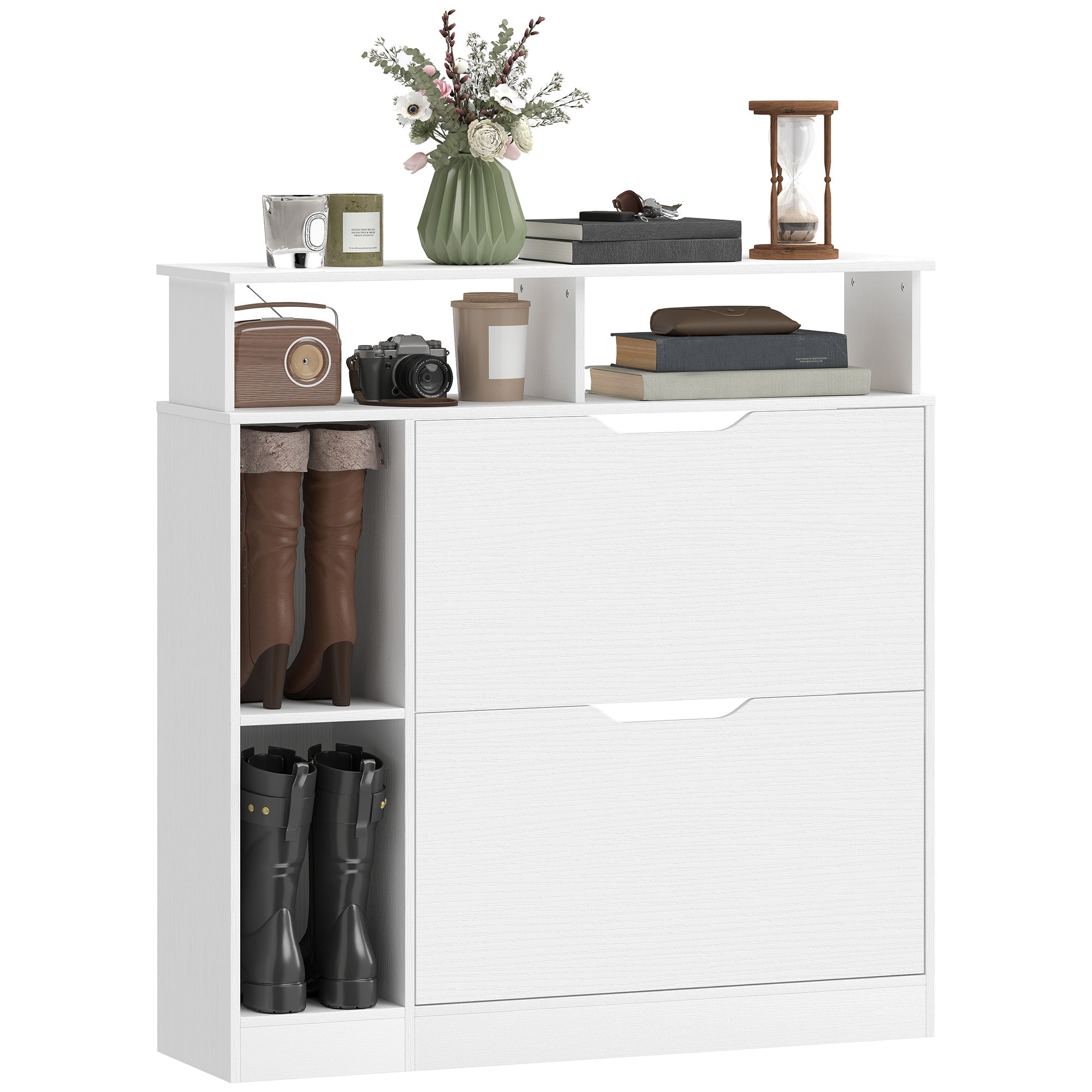 Narrow Shoe Cabinet with 2 Flip Drawers, Open Compartments & Adjustable Shelf, for Hallway & Entry, 35 x 9.8 x 36.2 in, White