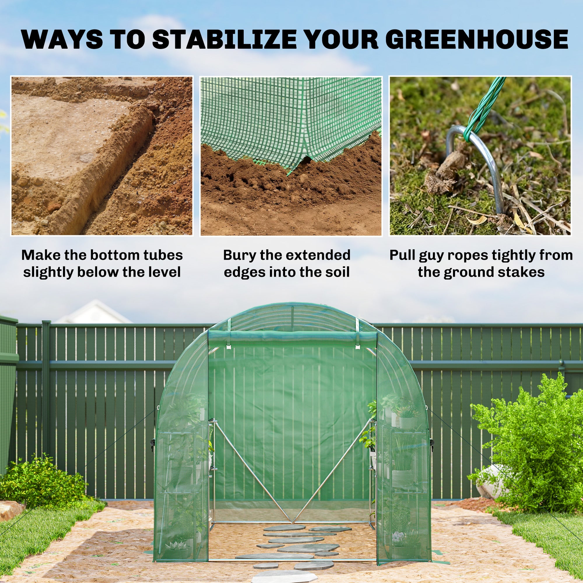 Outdoor Tunnel Greenhouse 6.5' x 9' x 6.3' with Shelves — Roll-Up Door, 6 Mesh Windows, UV PE Cover, Galvanized Steel Frame, Waterproof, Green