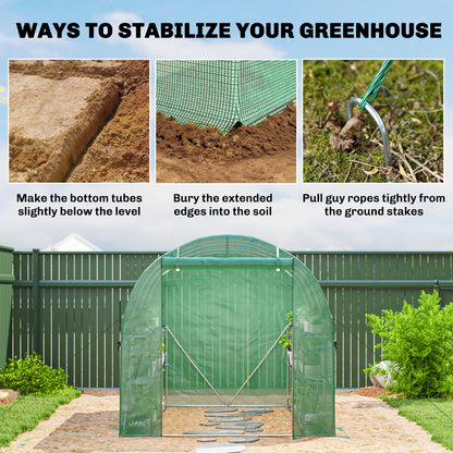 Outdoor Tunnel Greenhouse 6.5' x 9' x 6.3' with Shelves — Roll-Up Door, 6 Mesh Windows, UV PE Cover, Galvanized Steel Frame, Waterproof, Green