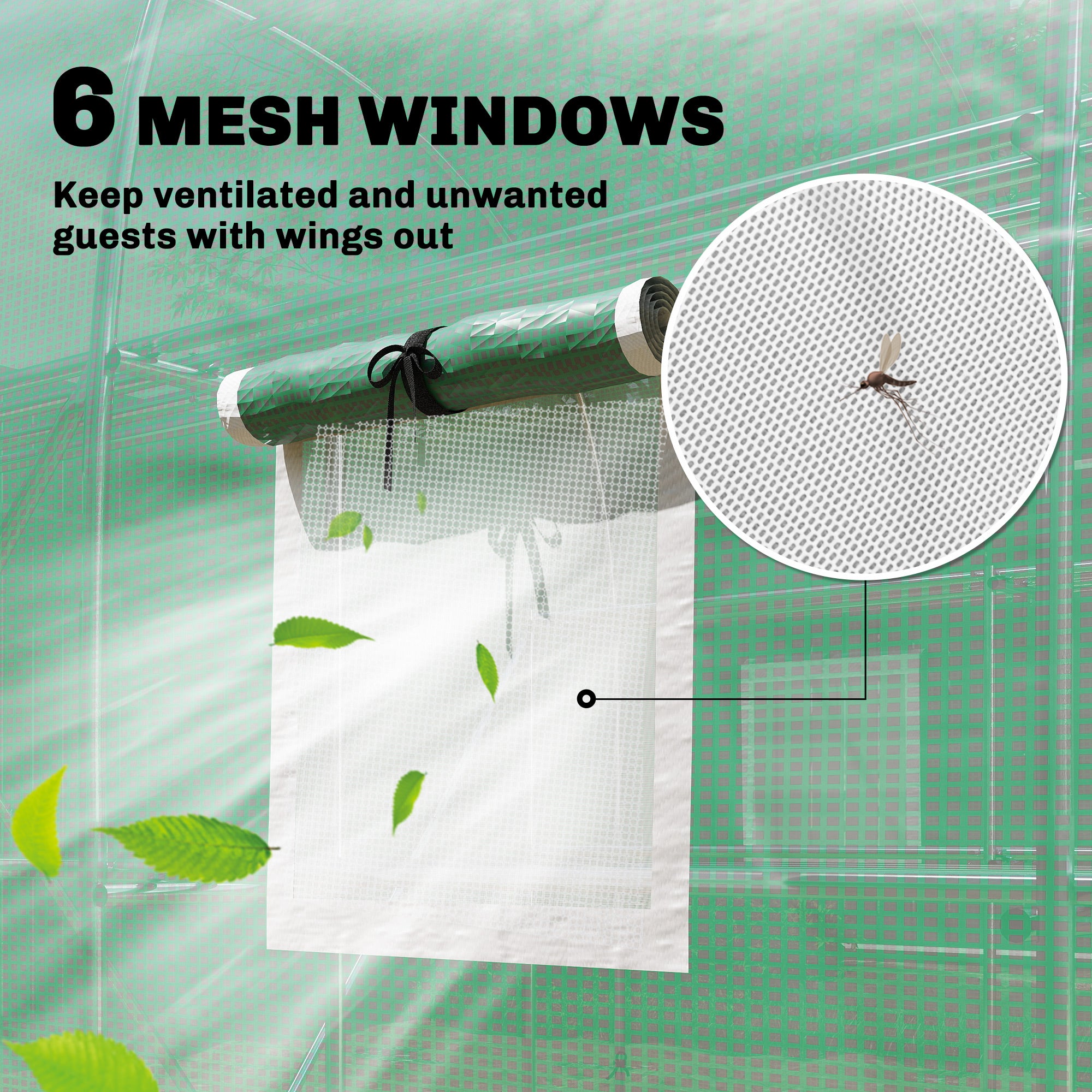 Outdoor Tunnel Greenhouse 6.5' x 9' x 6.3' with Shelves — Roll-Up Door, 6 Mesh Windows, UV PE Cover, Galvanized Steel Frame, Waterproof, Green