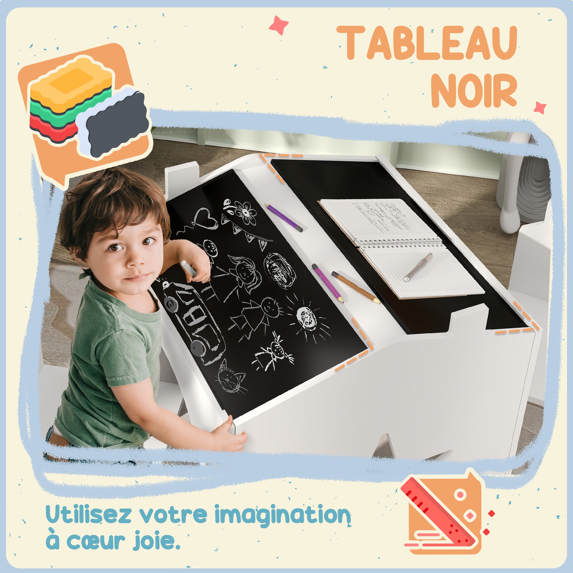 Set 1 Table and 2 Chairs 3-piece for Kids with Slate, Pine Legs, for 3-8 years, White