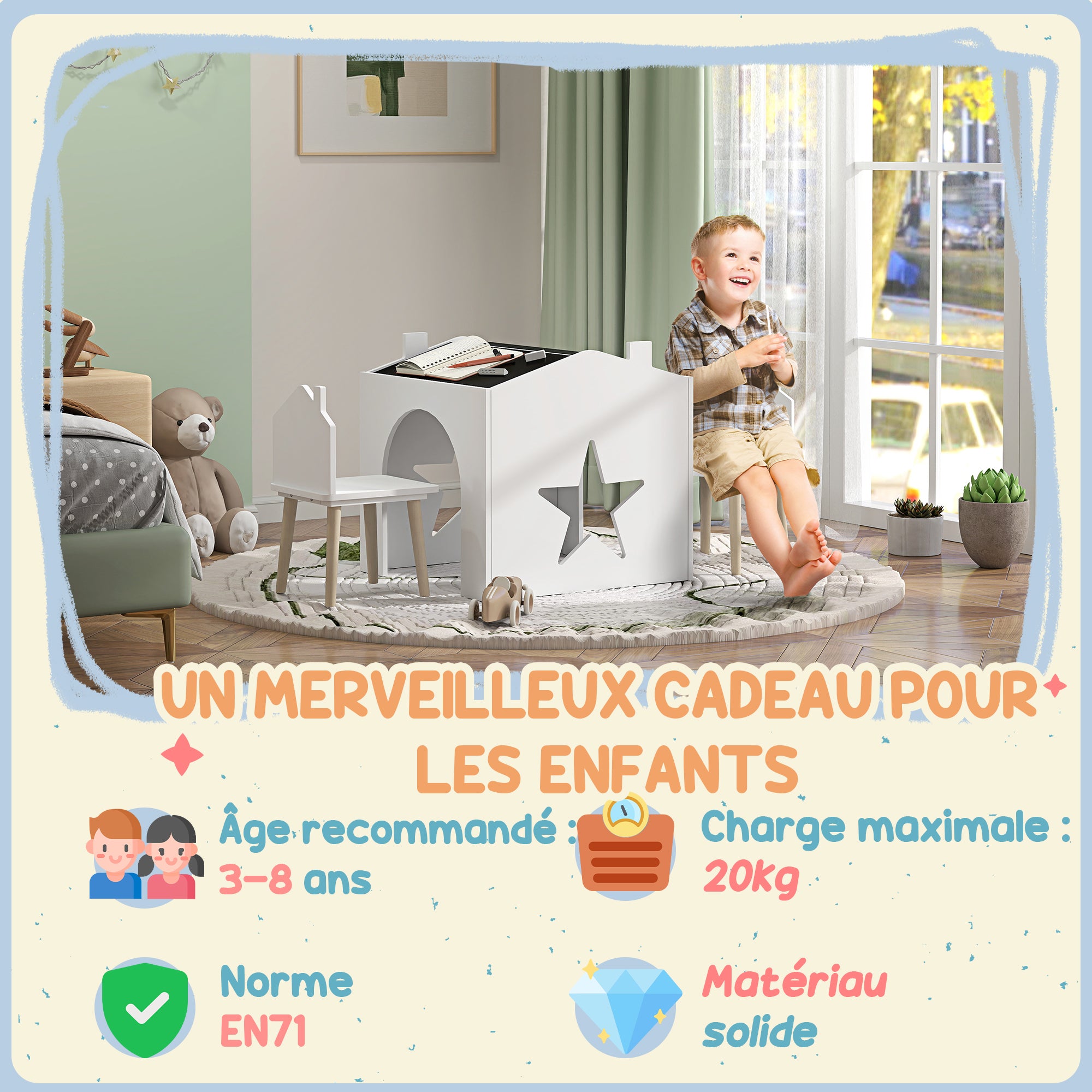 Set 1 Table and 2 Chairs 3-piece for Kids with Slate, Pine Legs, for 3-8 years, White